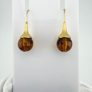 Vintage Gold Toned and Brown Swirl Bakelite Drop Earrings